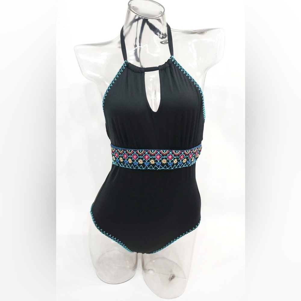 NWT Apt 9 Black Floral Embroidery High Neck One-Piece Swimsuit Women's Large.
